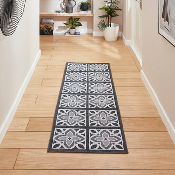 Washable Victoria H1191 Modern Vintage Lotus Floral Tile Mosaic Lightweight Printed Polyester Flatweave Charcoal Grey/Grey Rug-Think Rugs-Rug Love - The Most Loved Rug Store